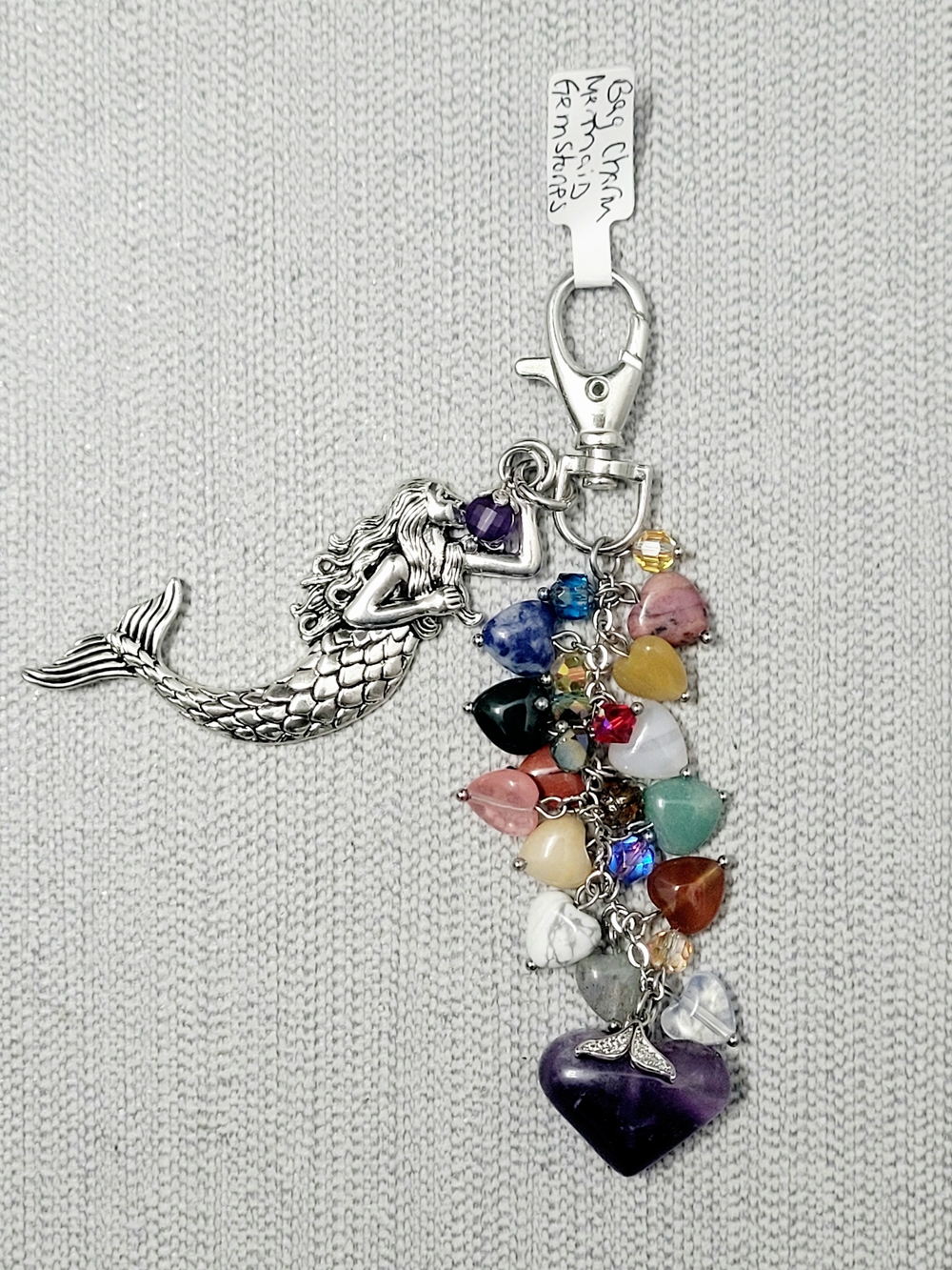 Hand Crafted Silver Mermaid Bag Charm with Multicolor Gemstone Hearts